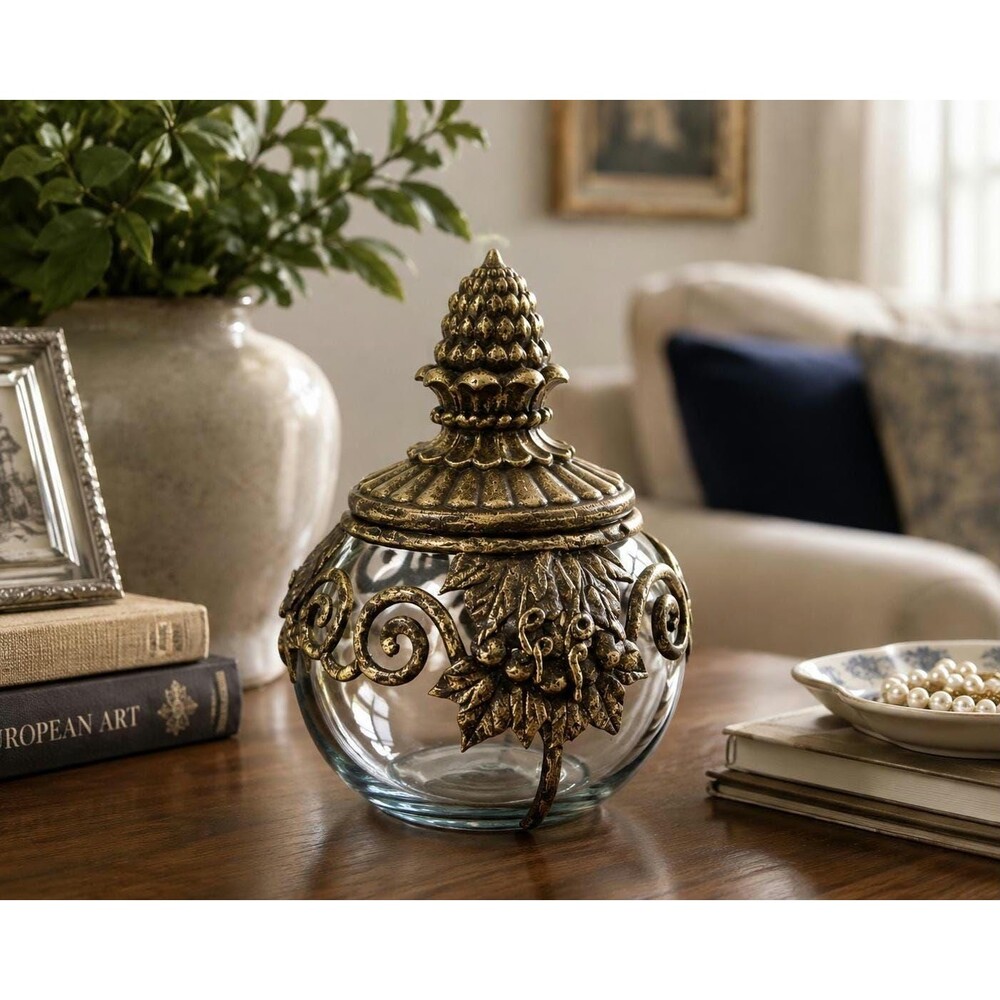 Ornate Gold Grapevine Glass Jar with Lid – Made in Philippines